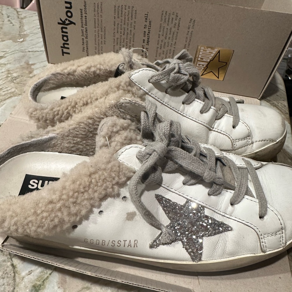 Golden Goose White and Gray Sneakers with Fuzzy Trim